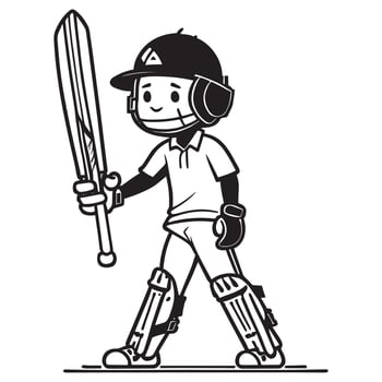 Cricket Player Vector Clipart, Black and white Cricket player vector silhouette, a man standing with cricket bat on the field.