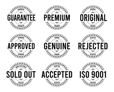 Stamp design set - premium quality, guaranteed, approved, sold out, postponed, confirmed, genuine, original. vector