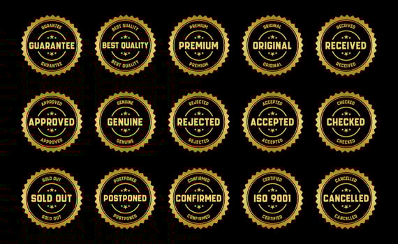 Gold Stamp design set - premium quality, guaranteed, approved, sold out, postponed, confirmed, genuine, original. vector