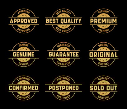 Gold Stamp design set - premium quality, guaranteed, approved, sold out, postponed, confirmed, genuine, original. vector