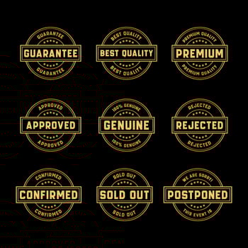 Gold Stamp design set - premium quality, guaranteed, approved, sold out, postponed, confirmed, genuine, original. vector