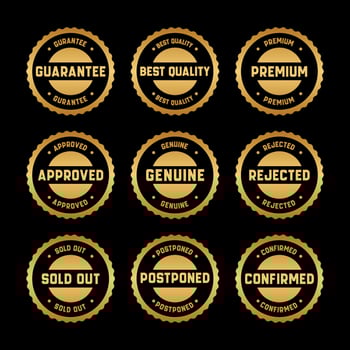 Gold Stamp design set - premium quality, guaranteed, approved, sold out, postponed, confirmed, genuine, original. vector