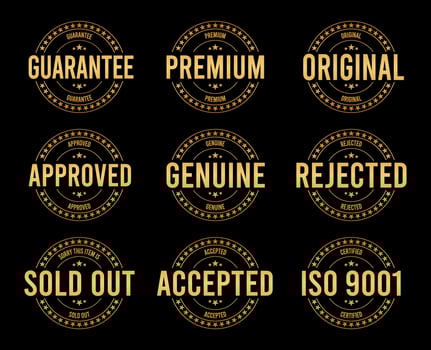 Gold Stamp design set - premium quality, guaranteed, approved, sold out, postponed, confirmed, genuine, original. vector