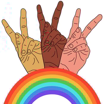 Hands with peace sign over rainbow background vector