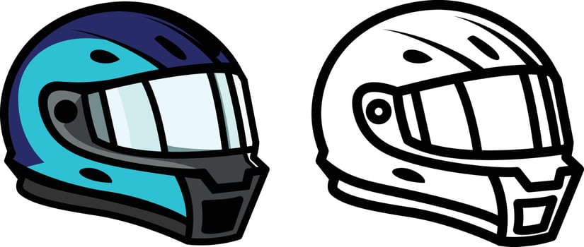 Motorbike safety helmet full face head protection black and white line drawing and colored vector illustration