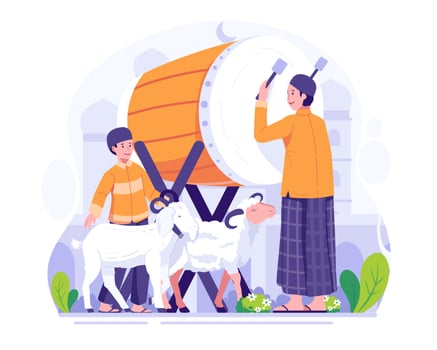 Happy Eid Al Adha Mubarak Greeting. Muslim person hitting a Bedug or Drum to Celebrate Eid Al Adha. Vector Illustration