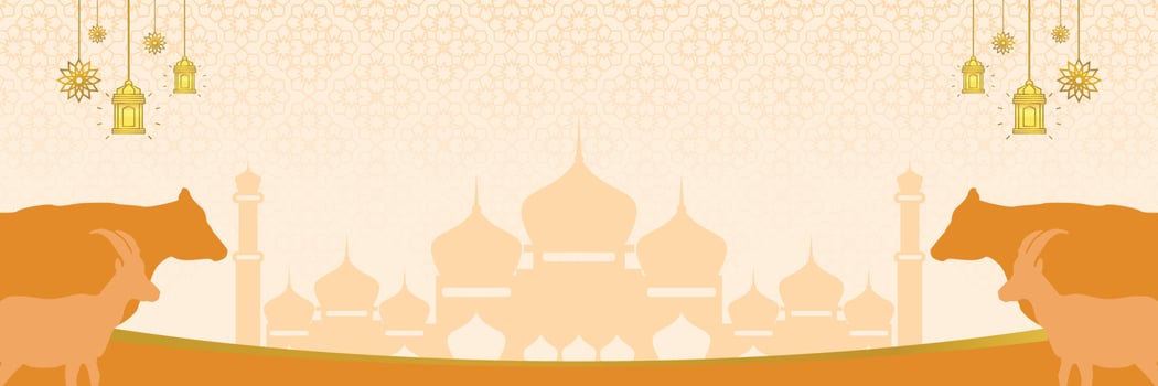 Islamic background for Eid al-Adha, with mosque, mandala, cow and goat icons. Banner template with empty space for text. qurban day vector illustration