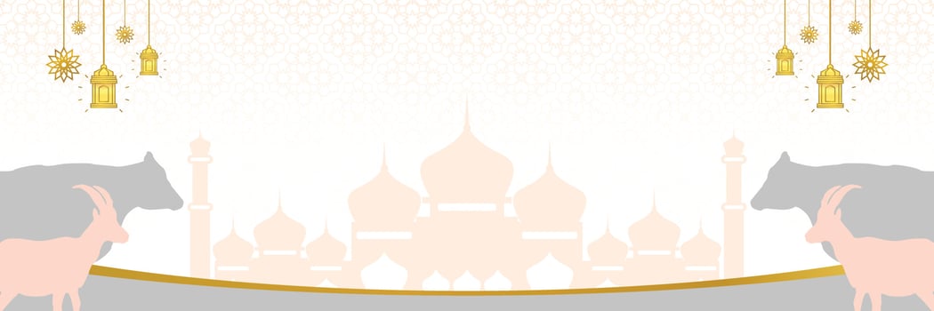 Islamic background for Eid al-Adha, with mosque, mandala, cow and goat icons. Banner template with empty space for text. qurban day vector illustration