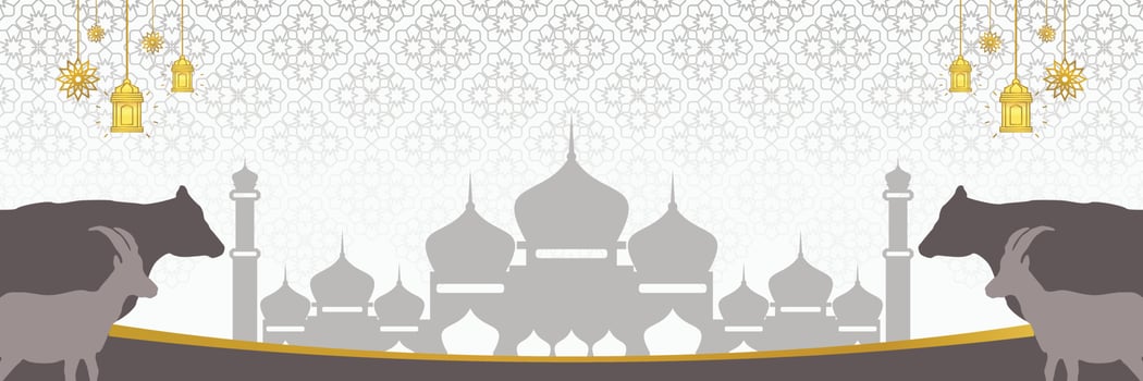 Islamic background for Eid al-Adha, with mosque, mandala, cow and goat icons. Banner template with empty space for text. qurban day vector illustration