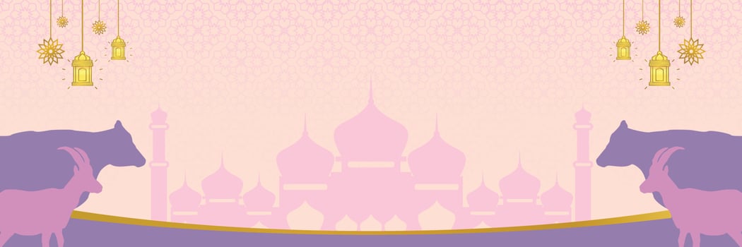 Islamic background for Eid al-Adha, with mosque, mandala, cow and goat icons. Banner template with empty space for text. qurban day vector illustration