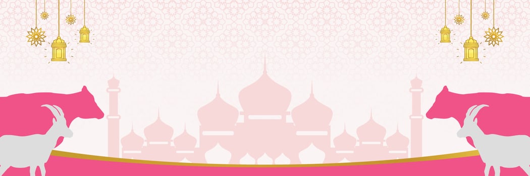 Islamic background for Eid al-Adha, with mosque, mandala, cow and goat icons. Banner template with empty space for text. qurban day vector illustration