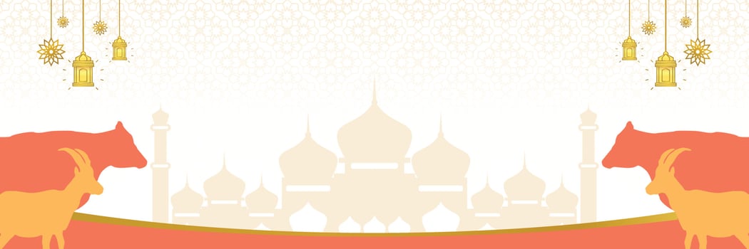 Islamic background for Eid al-Adha, with mosque, mandala, cow and goat icons. Banner template with empty space for text. qurban day vector illustration