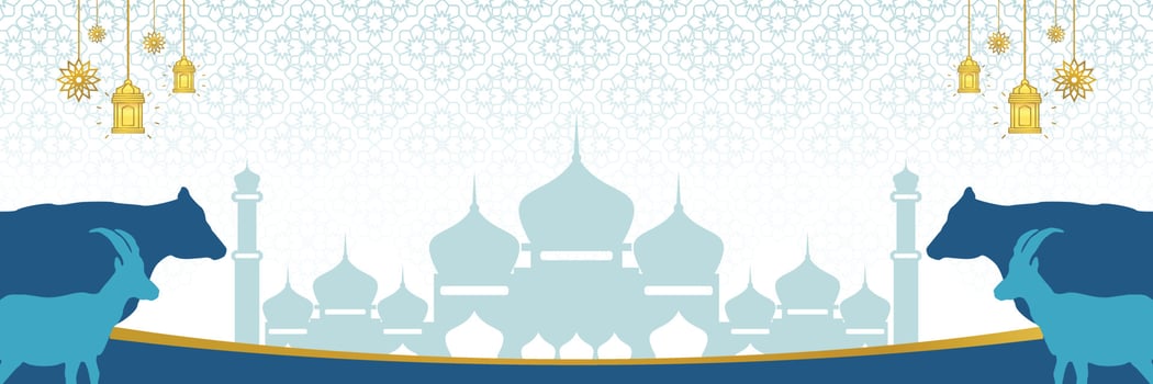 Islamic background for Eid al-Adha, with mosque, mandala, cow and goat icons. Banner template with empty space for text. qurban day vector illustration