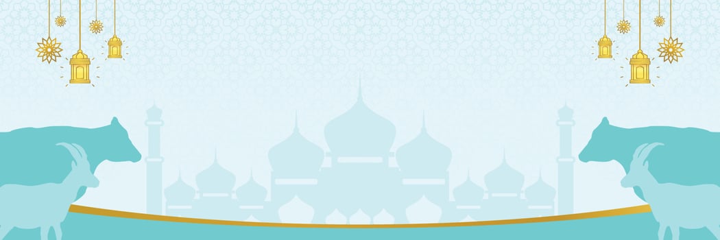 Islamic background for Eid al-Adha, with mosque, mandala, cow and goat icons. Banner template with empty space for text. qurban day vector illustration