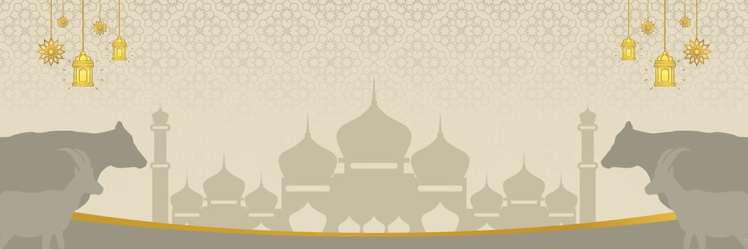 Islamic background for Eid al-Adha, with mosque, mandala, cow and goat icons. Banner template with empty space for text. qurban day vector illustration