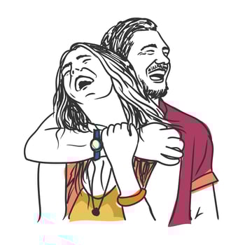 Beautiful couple hugging and laughing together vector line art illustration