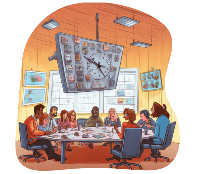 concept of effective meetings, with a diverse group of people collaborating at a modern conference table, a clear agenda displayed on a presentation screen, and a digital timer counting . png