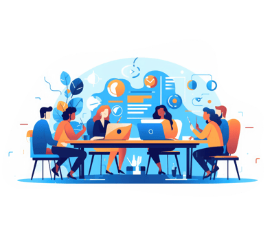 A group of professionals working together at a table or using digital collaboration and communication tools to efficiently manage project . png