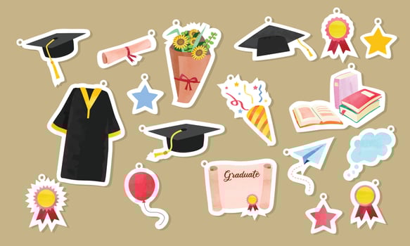 Graduation clipart cartoon stickers set. Graduation gown, cap, diploma, confetti, ribbon, flower bouquet stickers vector design. School graduation concept