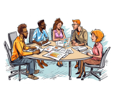 A group of professionals working together at a table or using digital collaboration and communication tools to efficiently manage project . png