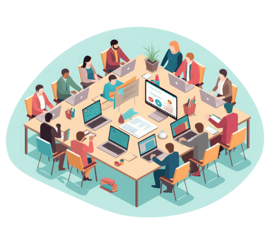A group of professionals working together at a table or using digital collaboration and communication tools to efficiently manage project . png