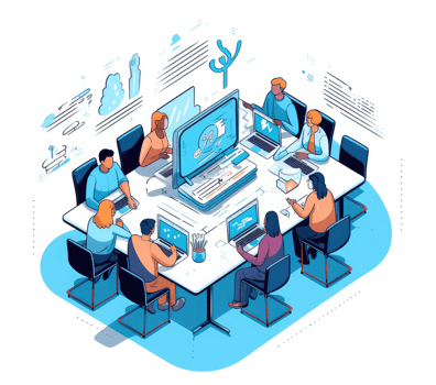 A group of professionals working together at a table or using digital collaboration and communication tools to efficiently manage project . png