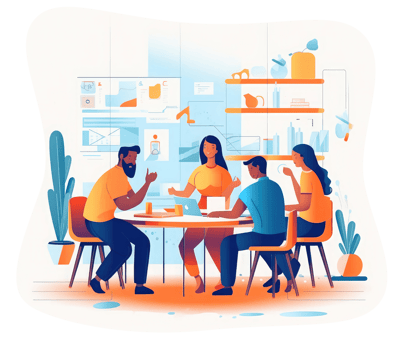 Group of people in office discussing plan, graphic illustration, UI illustration, GUI . png