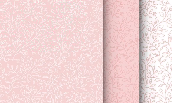 Botanic seamless pattern in pink and white colors. Endless background for linen, fabric, wallpaper, wrapping paper. Nice little leaves and tree branches. vector