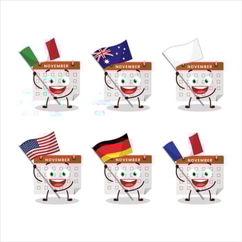 Thanksgiving calendar cartoon character bring the flags of various countries vector