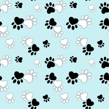 Cute black and white animal footprints on blue background. vector
