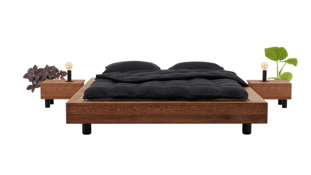wooden bed with a mattress and an empty wooden table isolated transparent background png