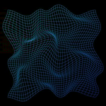 Distorted neon grid pattern. Wireframe wave geometry grid. Warped mesh texture. Curved mesh elements. Vector illustration