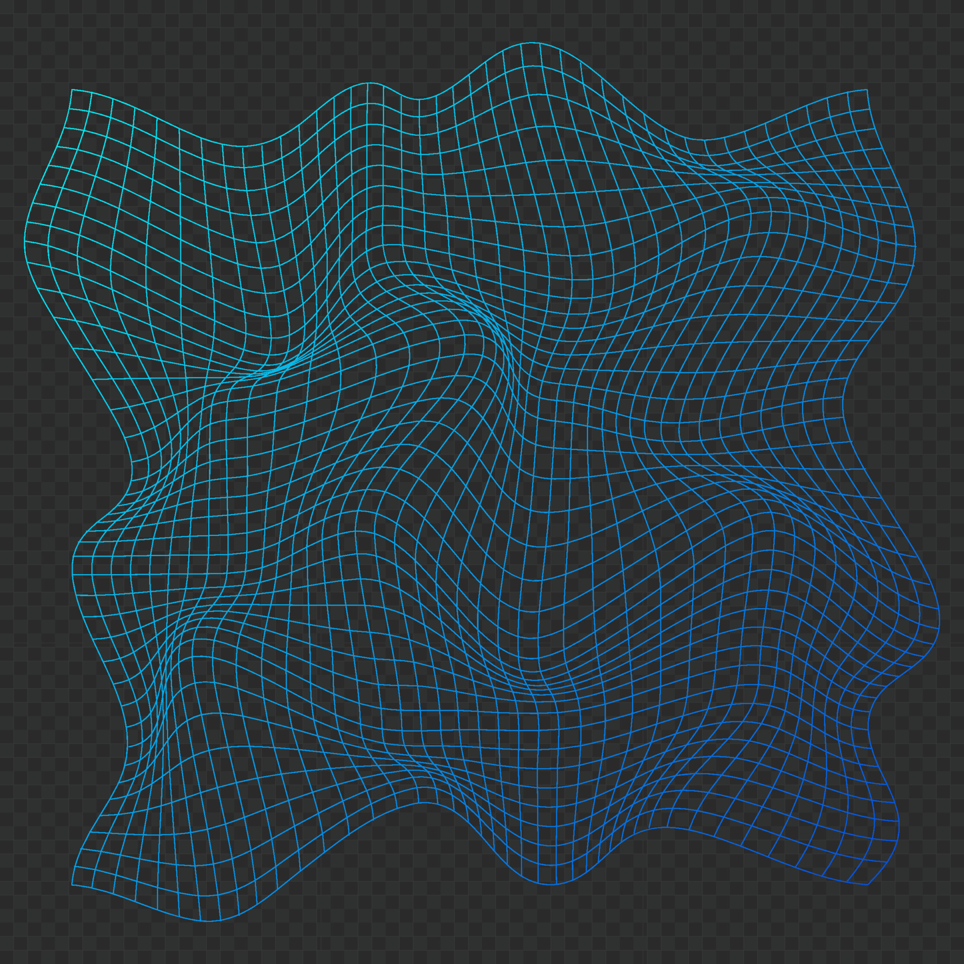 Distorted neon grid pattern. Wireframe wave geometry grid. Warped mesh texture. Curved mesh elements. Vector illustration