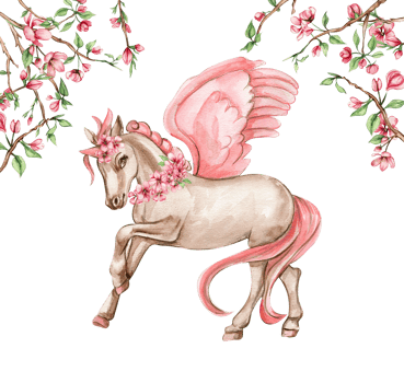 White unicorn with pink wings and pink flowers. For nursery, baby shower, invitation for birthday party. Watercolor illustration for greeting card, posters, stickers, packaging. png