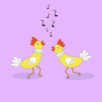 Two cartoon chickens  sing. vector image. Funny image, childish , cute. Melody sign
