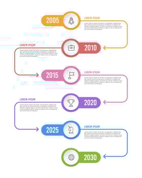 Timeline vertical infographics template 6 years to success. Milestone, Anniversary, Annual report. Vector illustration.