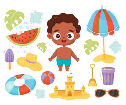 Collection kids summer time. Happy ethnic boy with beach accessories, rubber circle, sun umbrella, sand castle, watermelon, straw hat and seashells. Isolated Vector illustration in cartoon style.