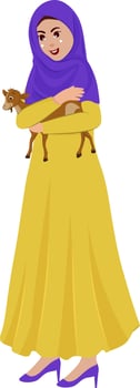 Illustration Of Beautiful Muslim Young Girl Holding Baby Goat On White Background. vector