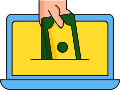 Money Holding Hand With Laptop Icon In Flat Style. vector