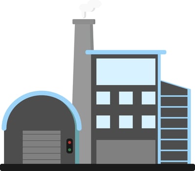 Grey And Blue Factory Or Industry Building Flat Icon. vector
