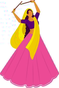 Cartoon Indian Woman Playing With Dandiya Sticks On White Background. vector