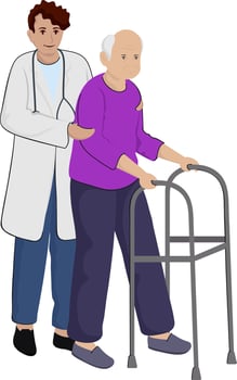 Doctor Assisting Old Man On A Walker Against White Background. vector