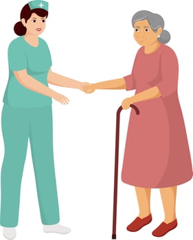 Nurse Assisting Old Woman On A Walker Against White Background. vector