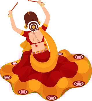 Back View Of Indian Young Woman Doing Dandiya Dance In Traditional Attire On White Background. vector