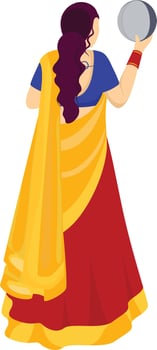 Back View Of Indian Woman Holding Sieve On White Background. vector