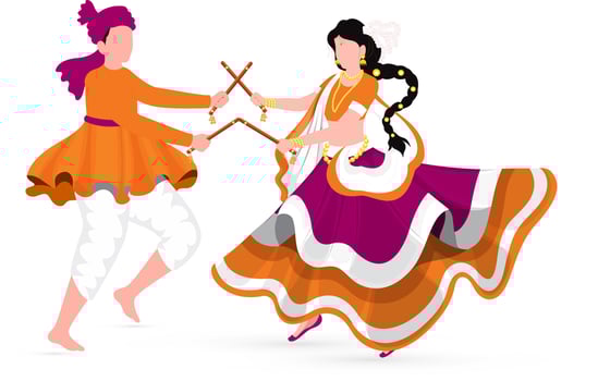 Faceless Indian Couple Playing Dandiya In Traditional Attire On White Background. vector
