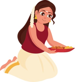 South Indian Girl Wearing Traditional Dress With Worship Plate Illustration. vector