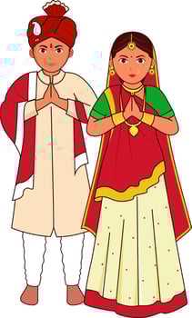 Gujarati Wedding Couple Greeting Namaste In Traditional Dress. vector