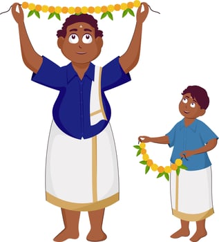 South Indian Man With His Son Holding Floral Garland Toran For Decoration. vector