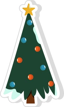 Isolated Decorated Christmas Tree Sticker Or Icon In Flat Style. vector